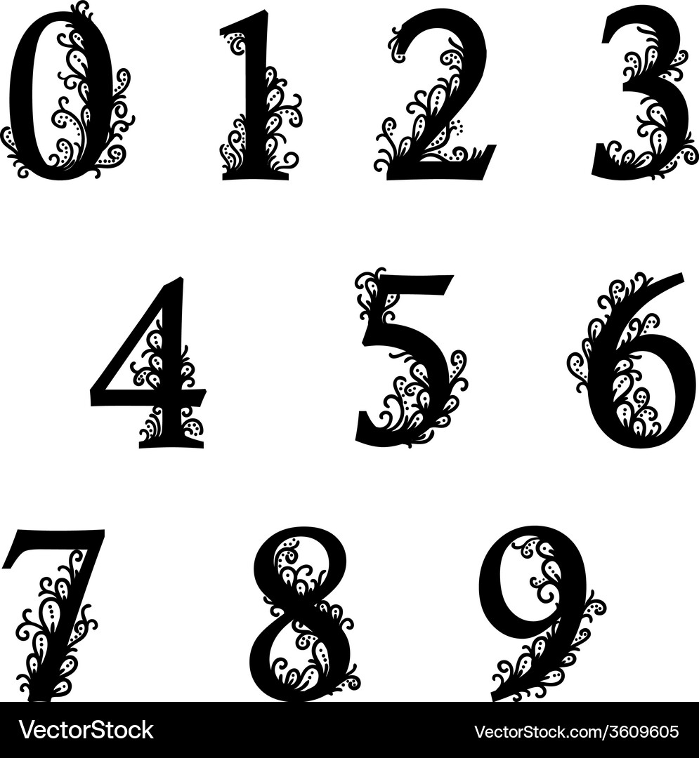 Set of isolated stylized calligraphic numbers – Royalty-Free Vector |  VectorStock, image size:995x1080