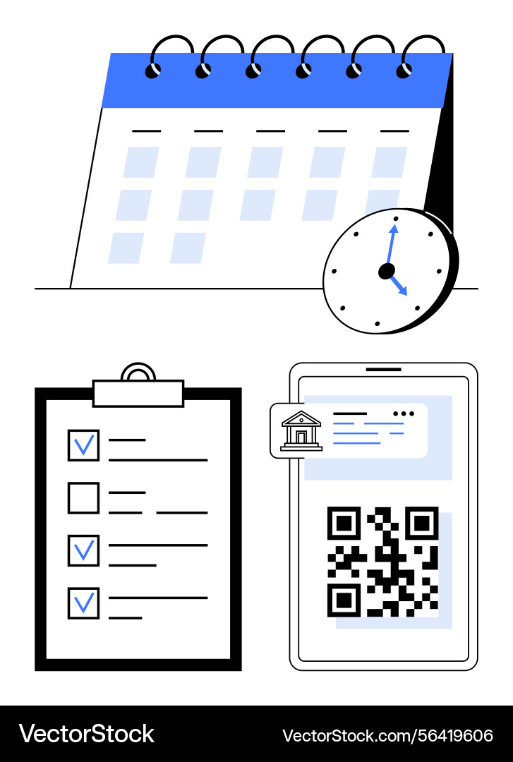 Calendar checklist clock and qr code Calendar checklist clock and qr code vector image