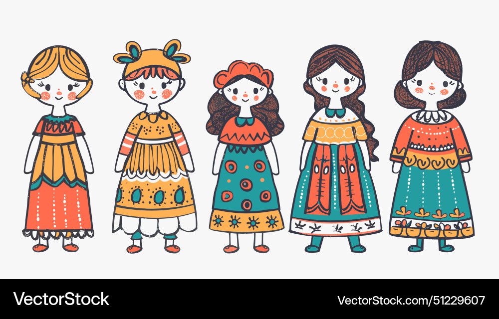 Five cartoon girls standing side dressed Five cartoon girls standing side dressed vector image
