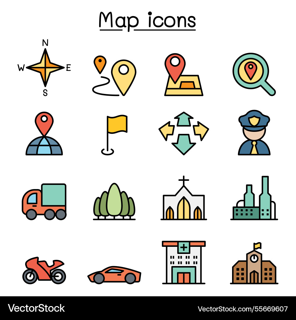 Map and symbol icon set in color line style Map and symbol icon set in color line style vector image