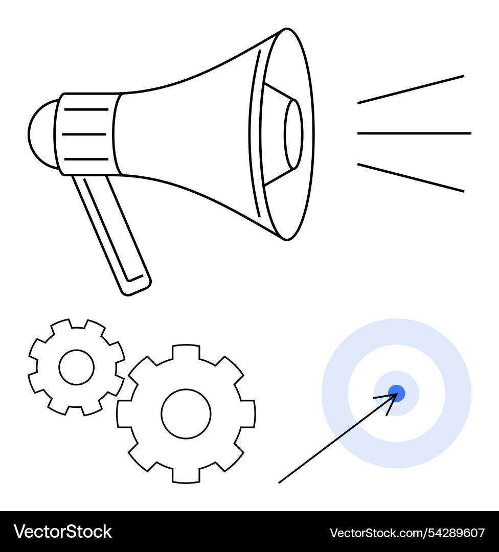 Megaphone with sound waves gears and target Megaphone with sound waves gears and target vector image