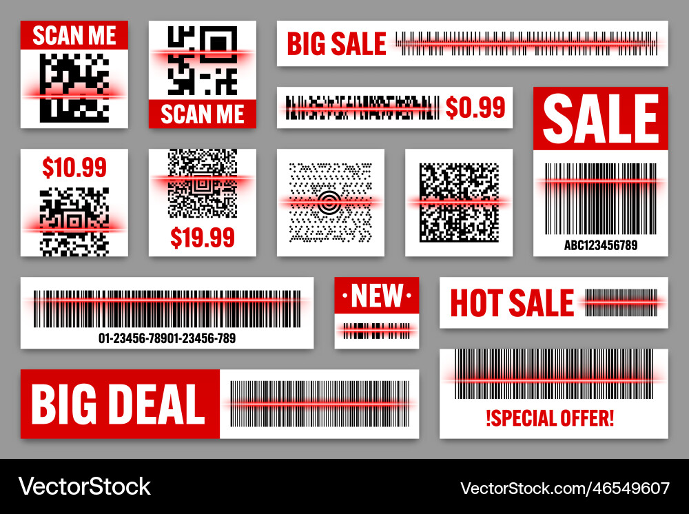 Product barcodes and qr codes with red scanning Product barcodes and qr codes with red scanning vector image