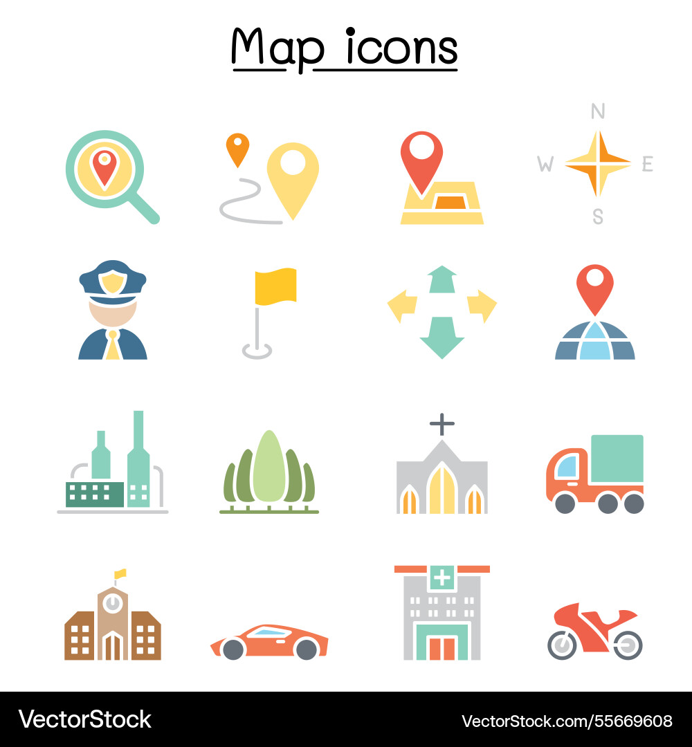 Map and symbol icon set in flat color style Map and symbol icon set in flat color style vector image