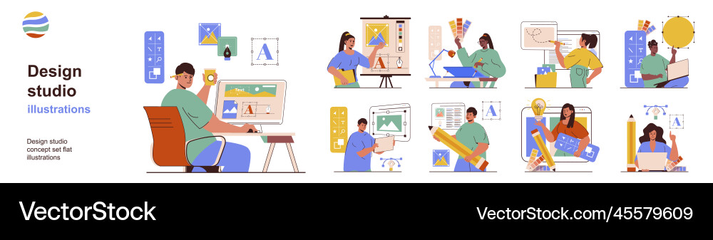 Design studio concept with character situations Design studio concept with character situations vector image