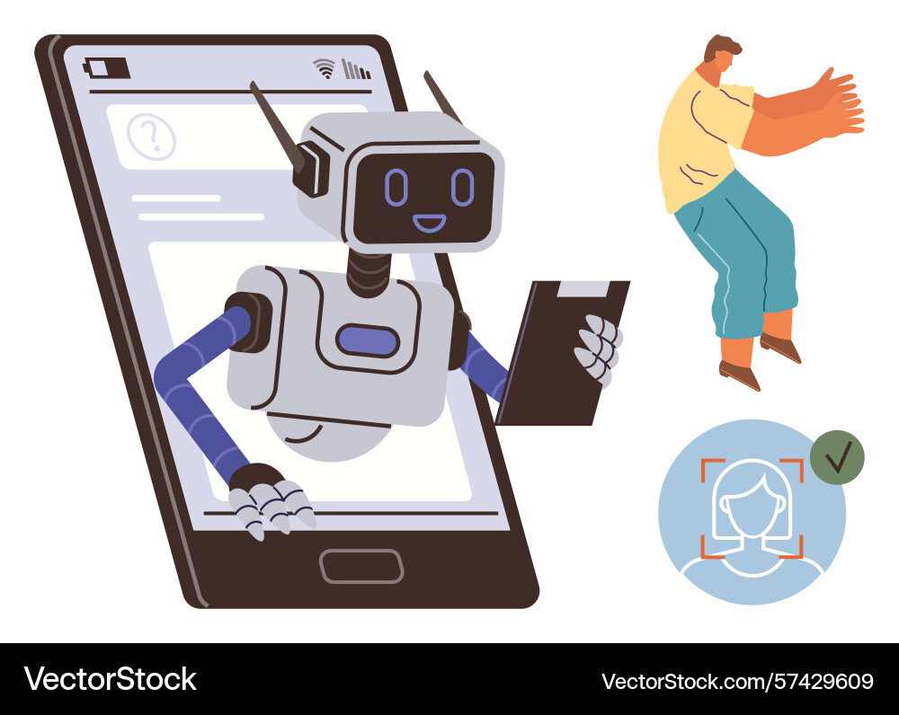 Robot assistant emerging from mobile phone Robot assistant emerging from mobile phone vector image