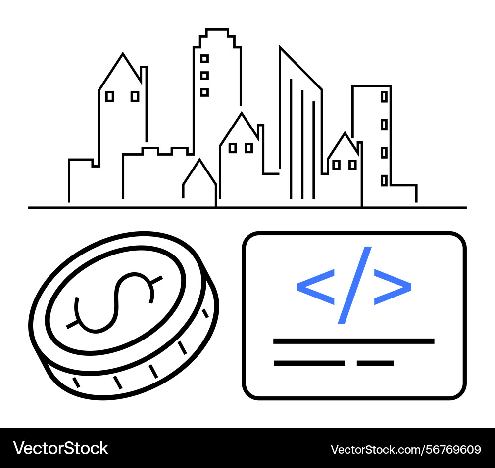 Urban skyline coding interface and coin outline Urban skyline coding interface and coin outline vector image