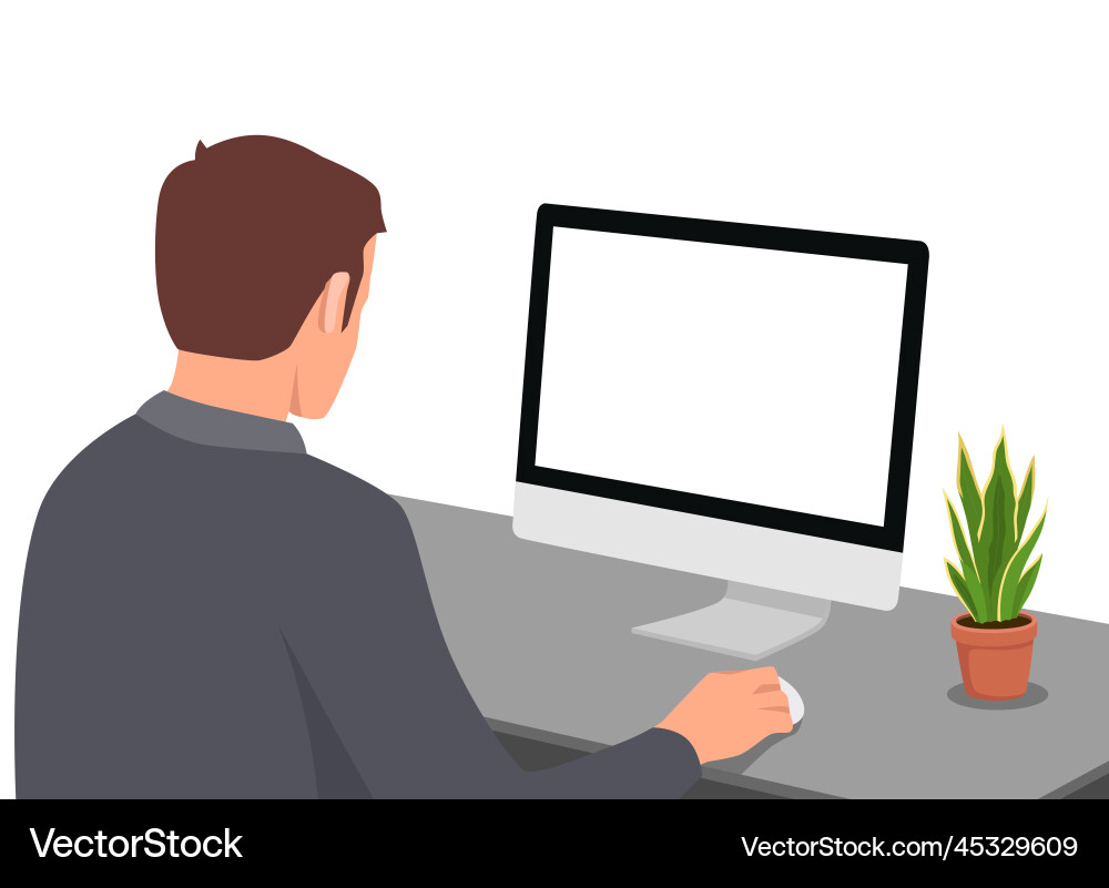 Young man working on a computer view from back Young man working on a computer view from back vector image