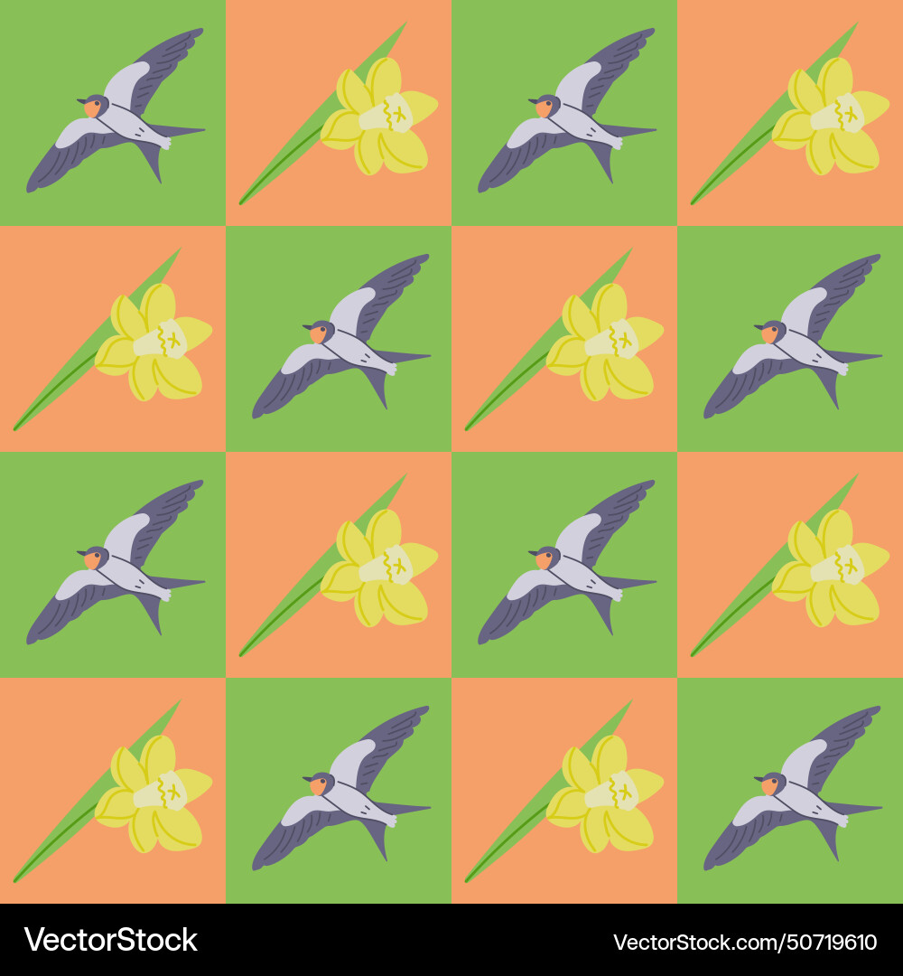 Swallow and daffodil contrast seamless pattern Vector Image