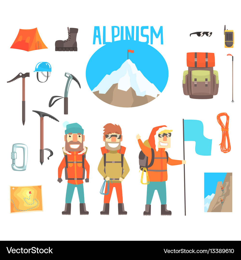 Three mountaineers and mountaineering equipment Three mountaineers and mountaineering equipment vector image