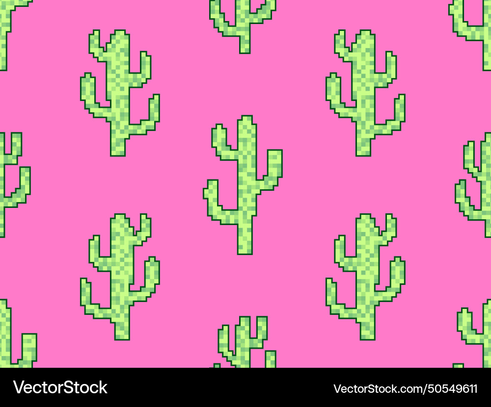 Seamless pattern with cacti in pixel art style Vector Image