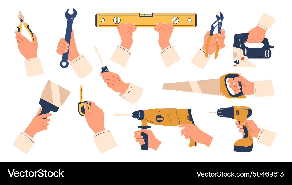 Building Instrument Tools Hands with building instruments wrench Royalty Free Vector