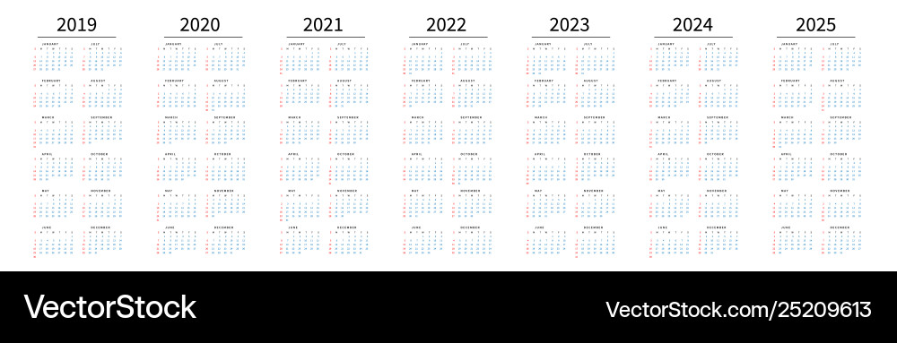 Mockup simple calendar layout for 2019 to 2025 vector image