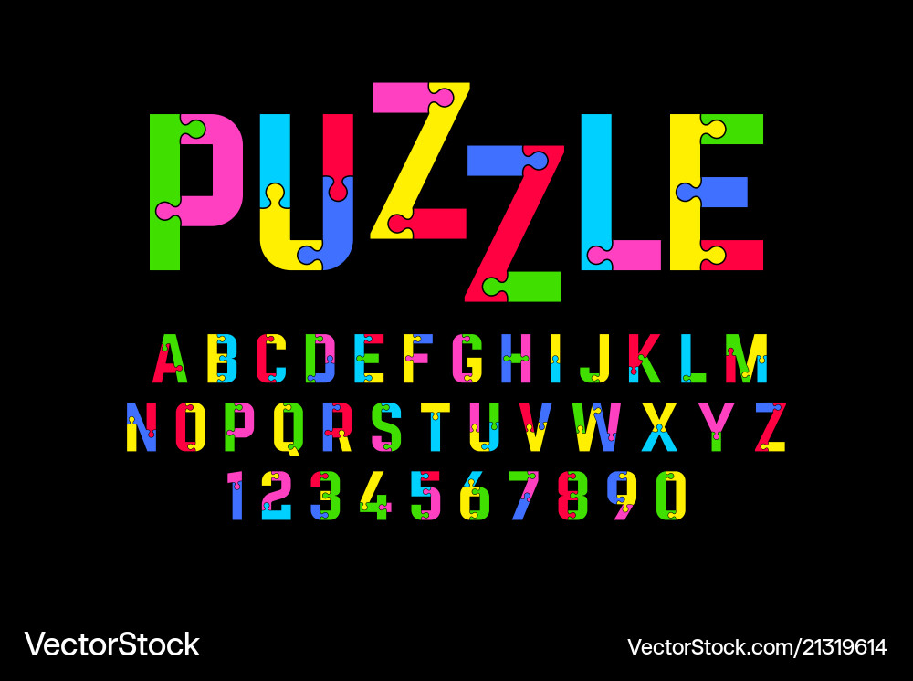 Jigsaw Puzzle Alphabet & Numbers Font vector image