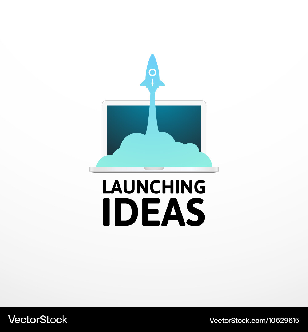 Blue Rocket Laptop Icon - Flat Style Vector Image
