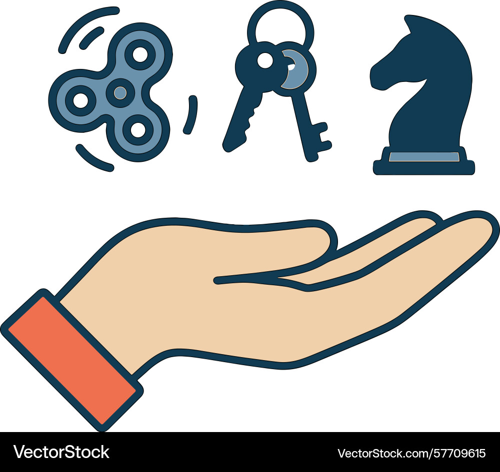 Hand presenting fidget spinner keys and chess vector image