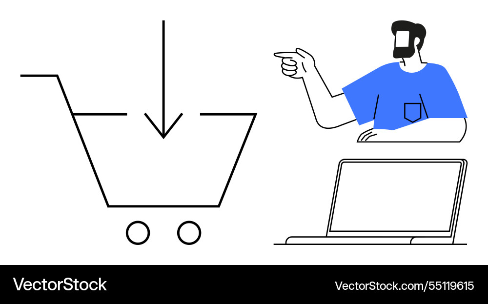 Man pointing at computer and shopping cart Vector Image