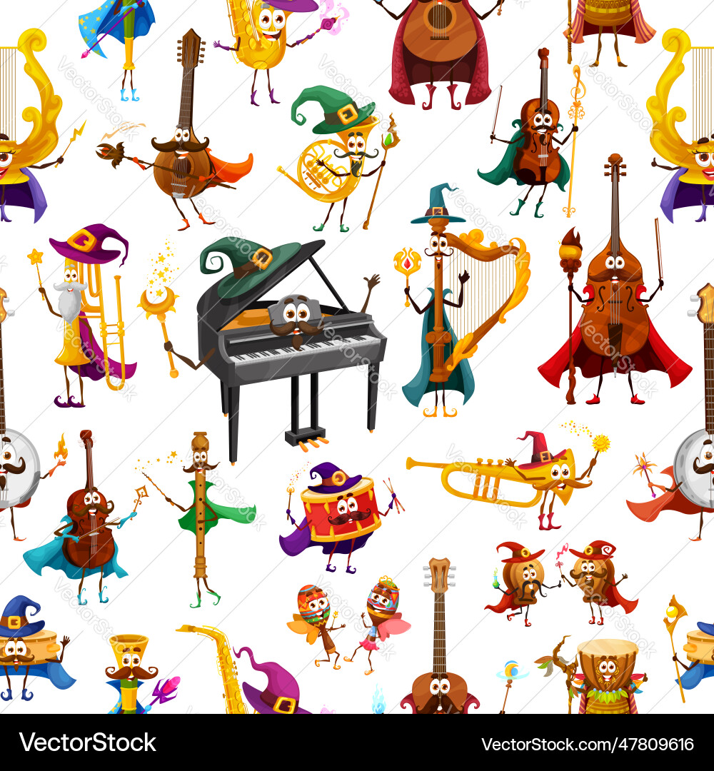 Musical instrument wizard characters pattern Musical instrument wizard characters pattern Vector Image