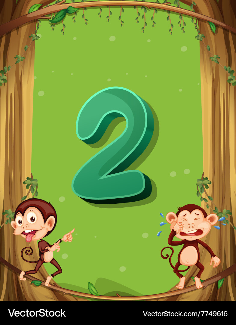 Number two with 2 monkeys on the tree vector image