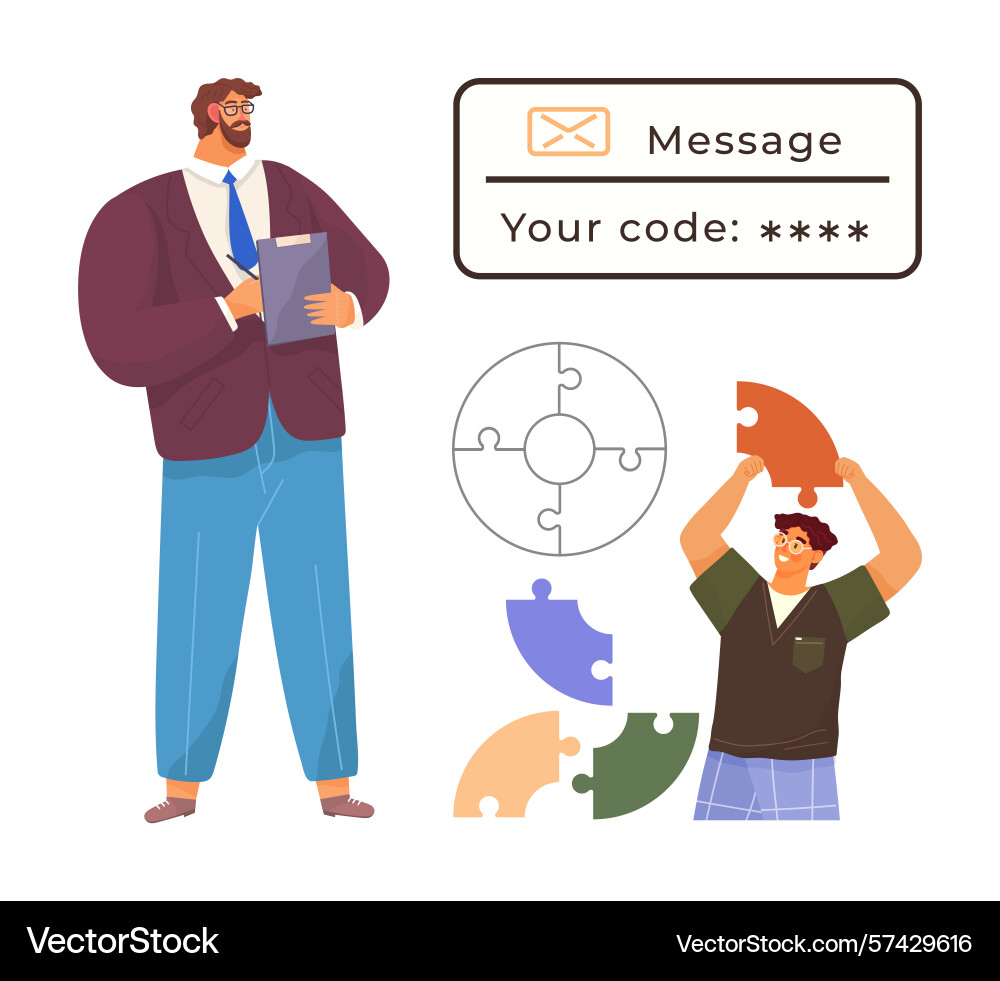 Two men solving a puzzle with secure message Two men solving a puzzle with secure message vector image
