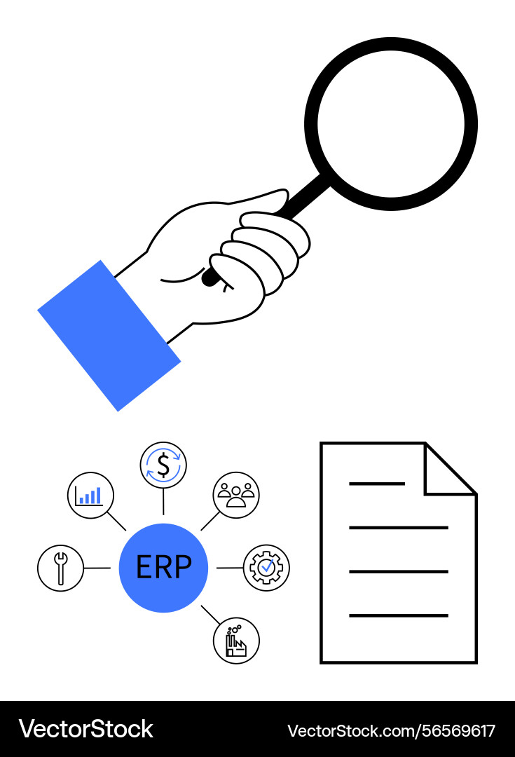Hand with magnifying glass exploring erp system Hand with magnifying glass exploring erp system vector image