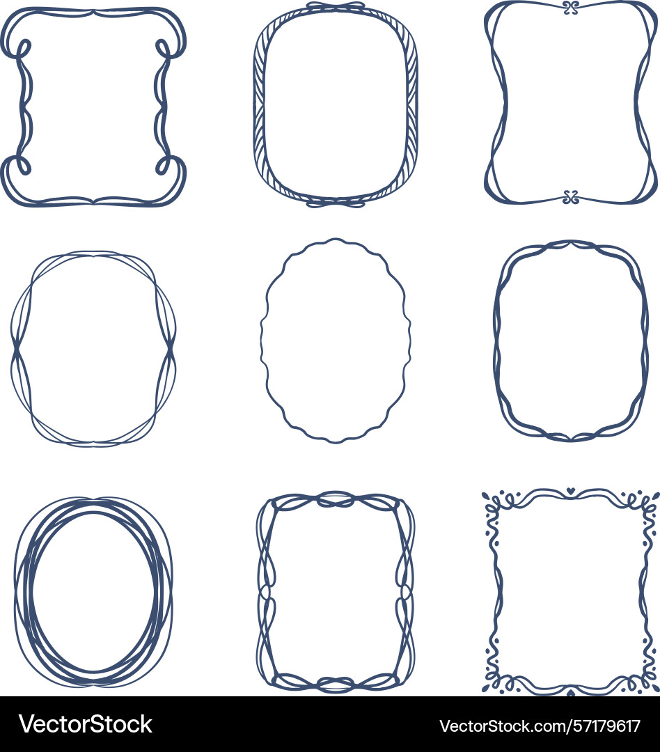 Set of blue line frames with curls and wavy stroke Set of blue line frames with curls and wavy stroke vector image