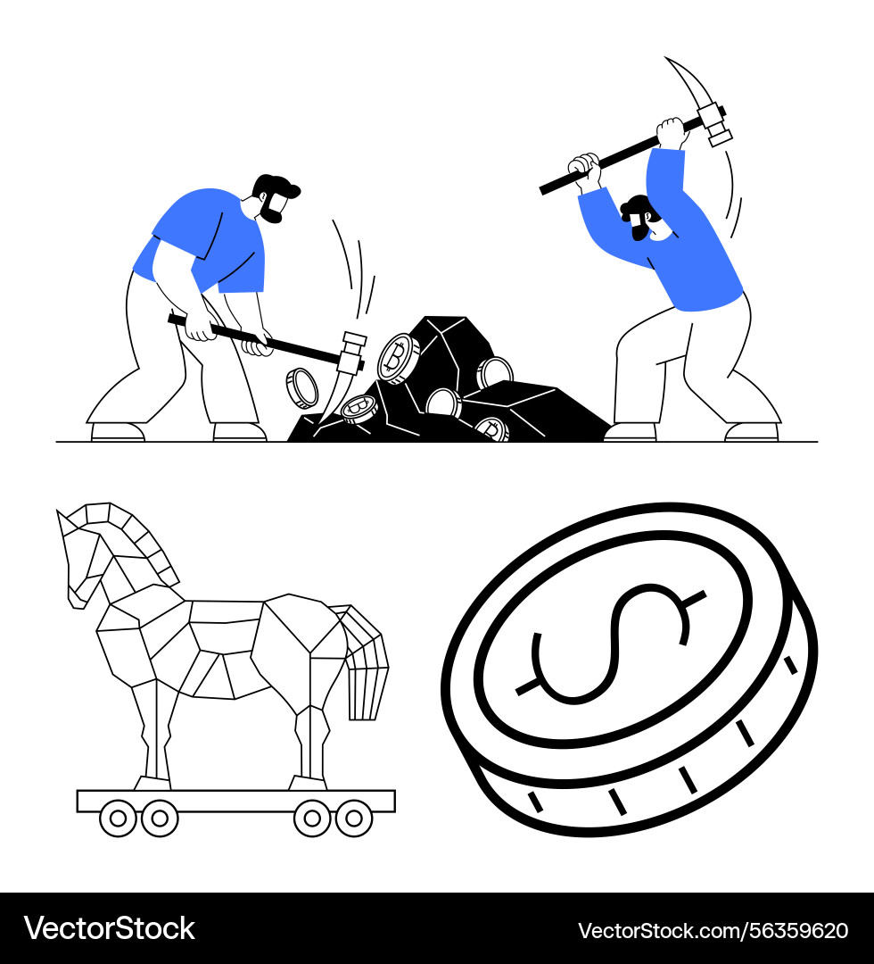 Workers mining cryptocurrency and representations vector image