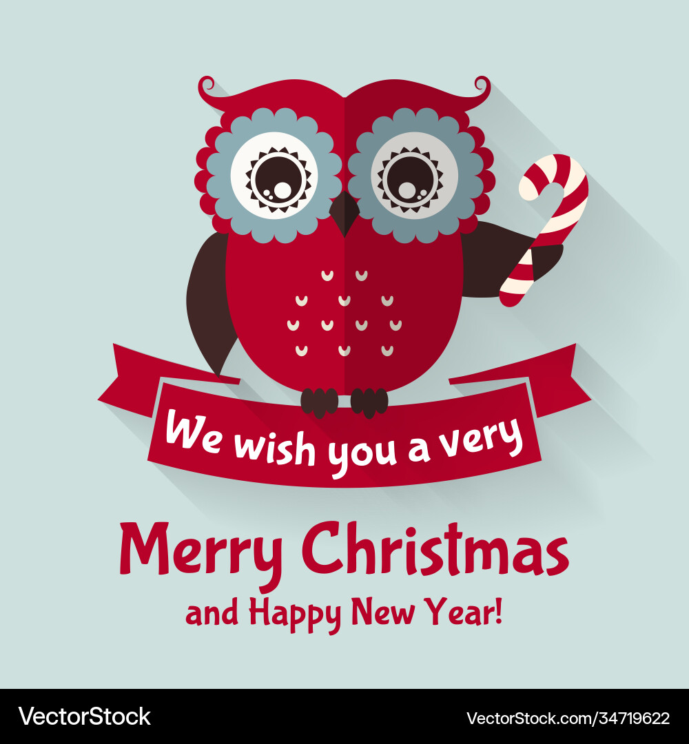 Christmas card with flat owl and ribbon Christmas card with flat owl and ribbon vector image
