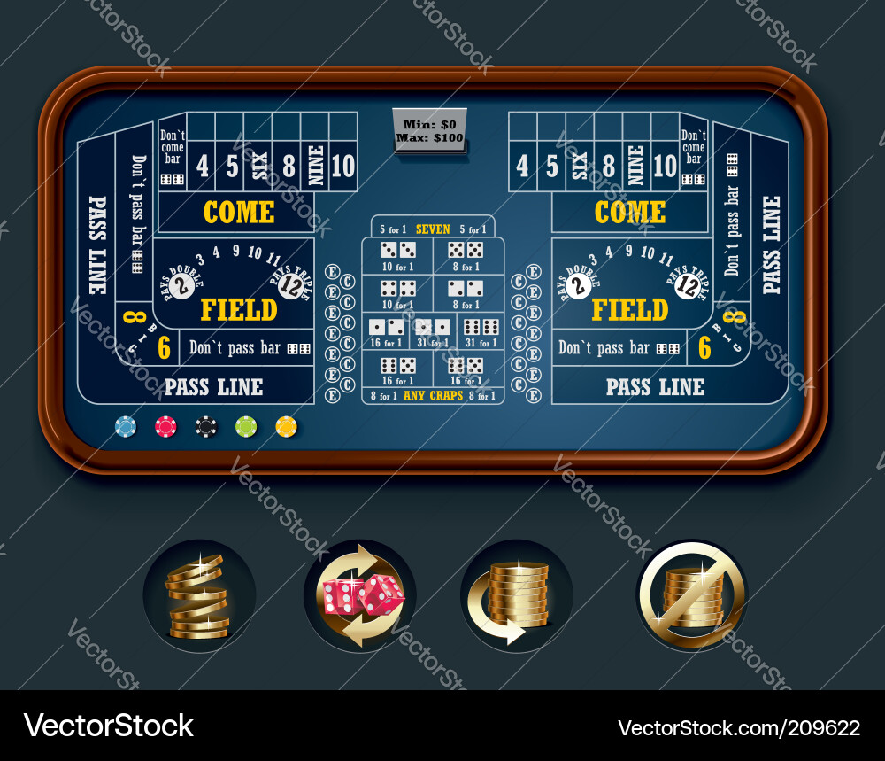 Craps Tisch mit Würfeln und Chips Vektorbild