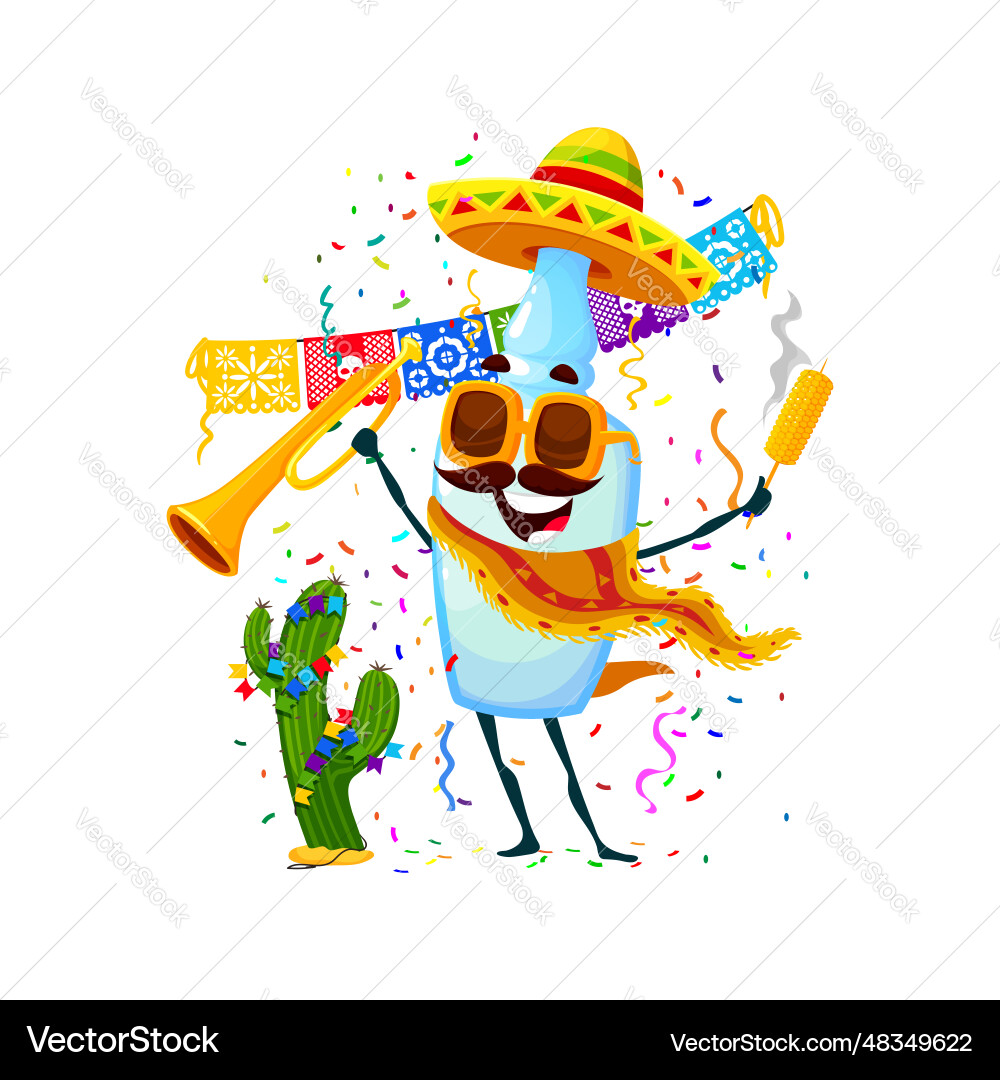 Mexican tequila bottle character on holiday party Mexican tequila bottle character on holiday party vector image