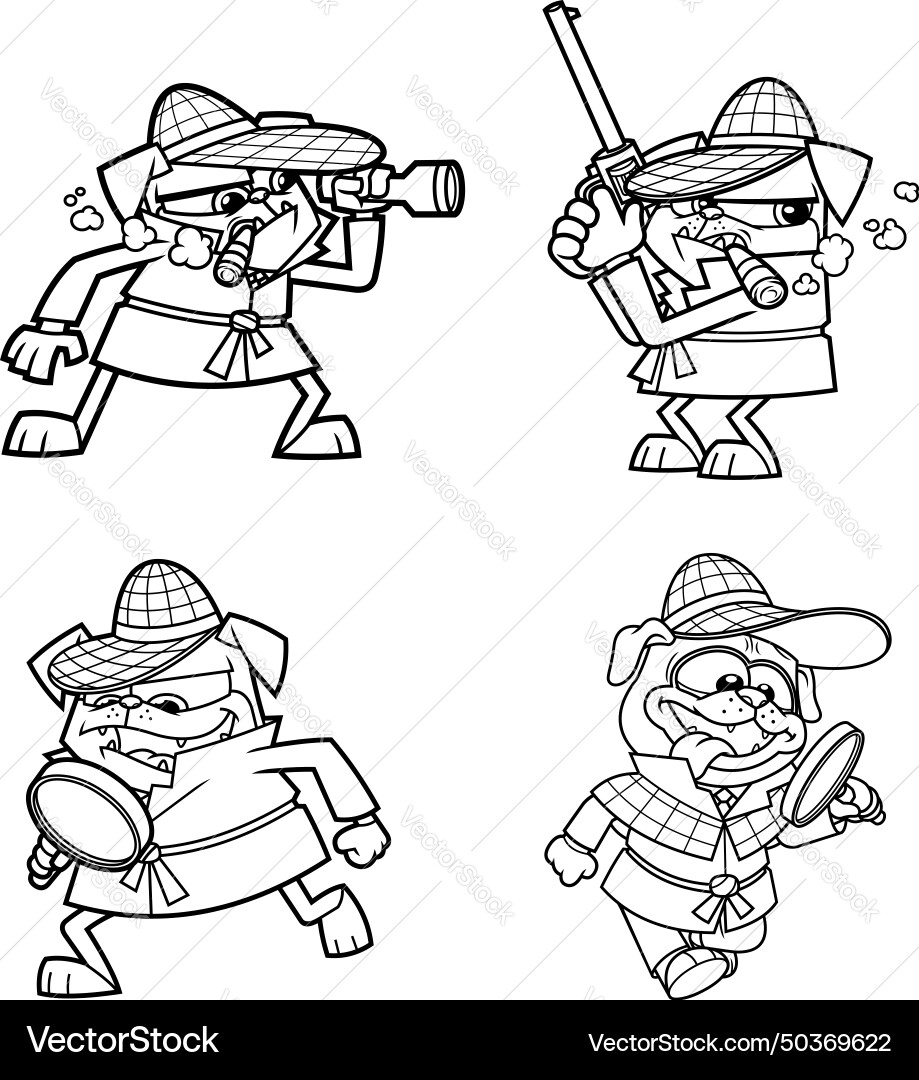 Outlined detective pug dog collection set Outlined detective pug dog collection set vector image