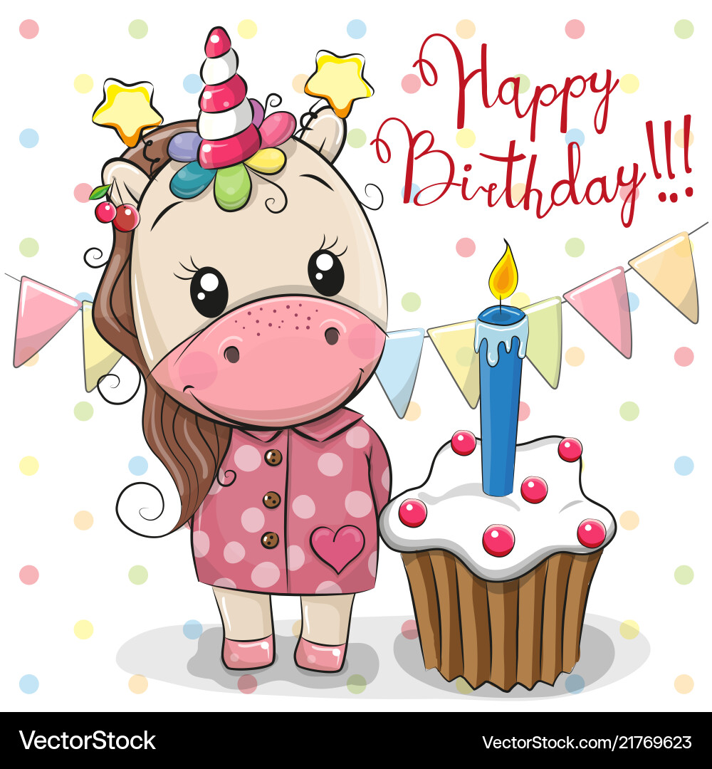 Greeting card cute unicorn with cake vector image