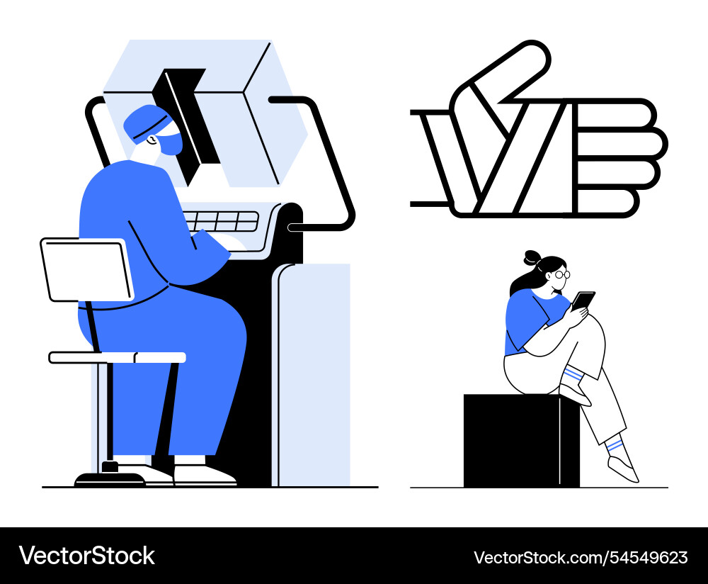 People working at computer and using mobile device Vector Image