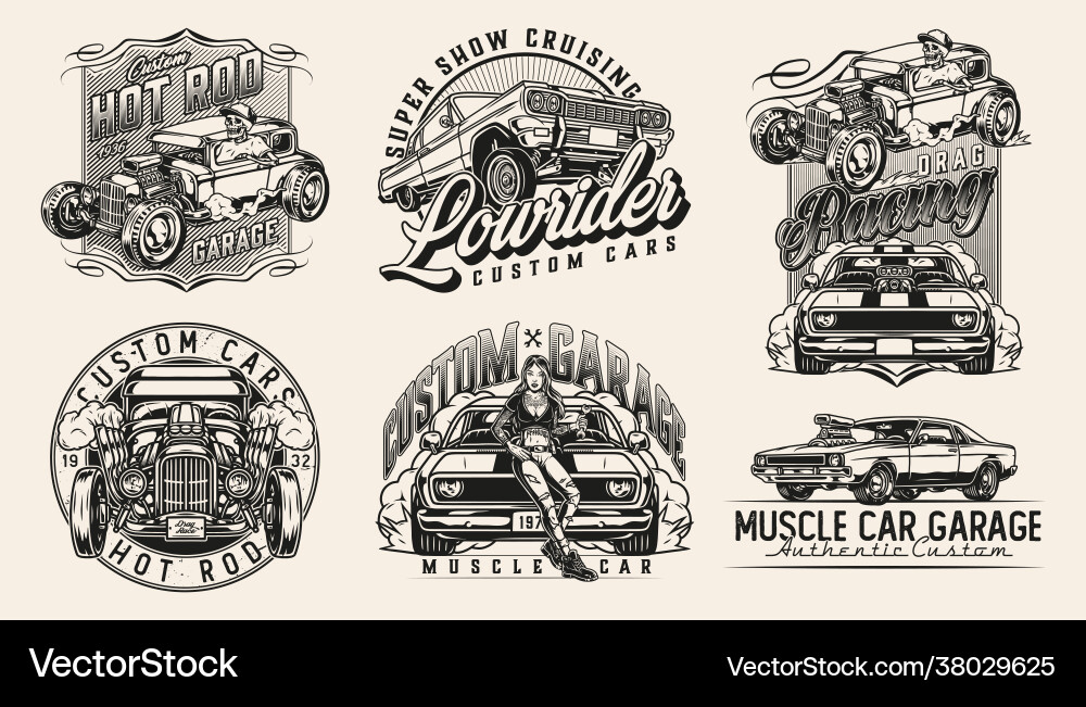 Custom cars vintage monochrome badges Custom cars vintage monochrome badges vector image