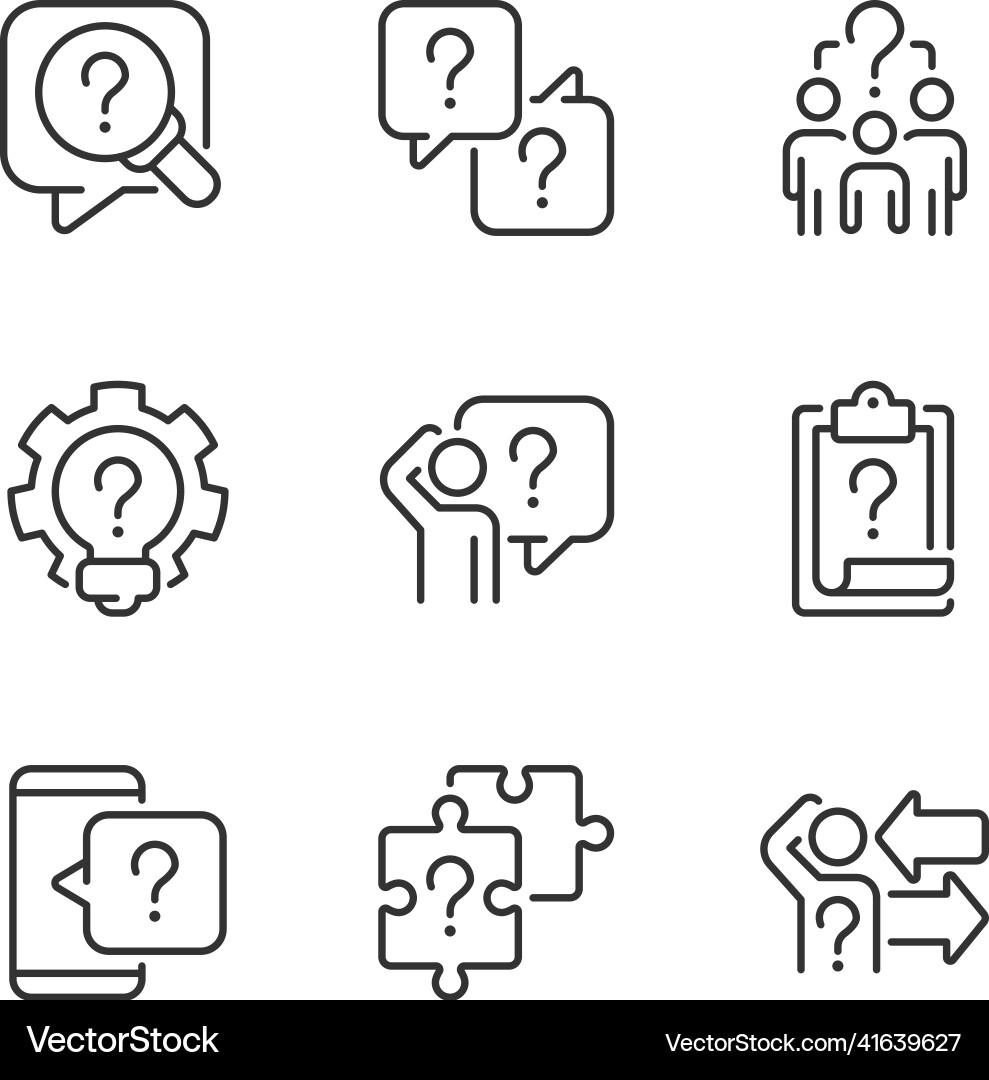 Solving different questions linear icons set Solving different questions linear icons set vector image