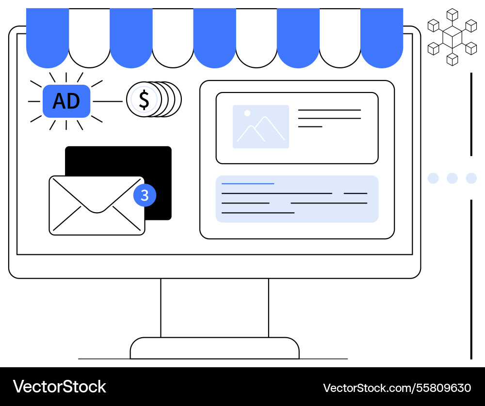 E-commerce storefront on monitor displaying ads E-commerce storefront on monitor displaying ads Vector Image