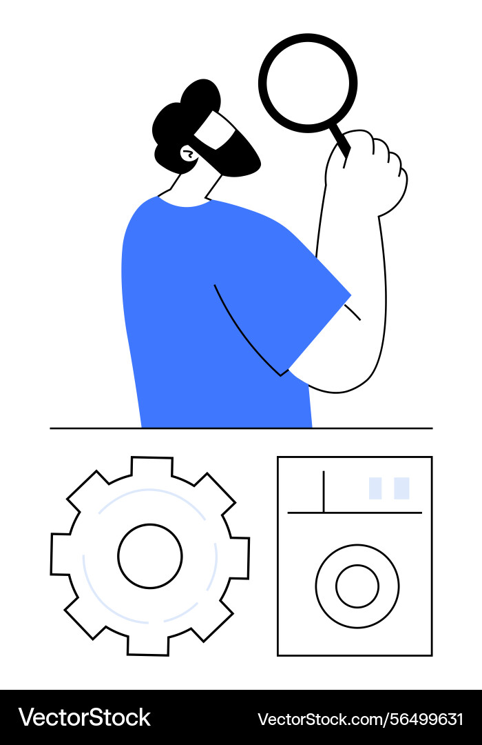 Man inspecting objects with magnifying glass Man inspecting objects with magnifying glass Vector Image