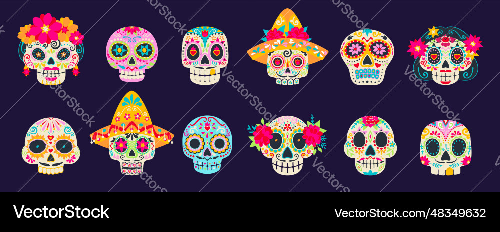 Dia de los muertos mexican calavera sugar skulls Dia de los muertos mexican calavera sugar skulls vector image