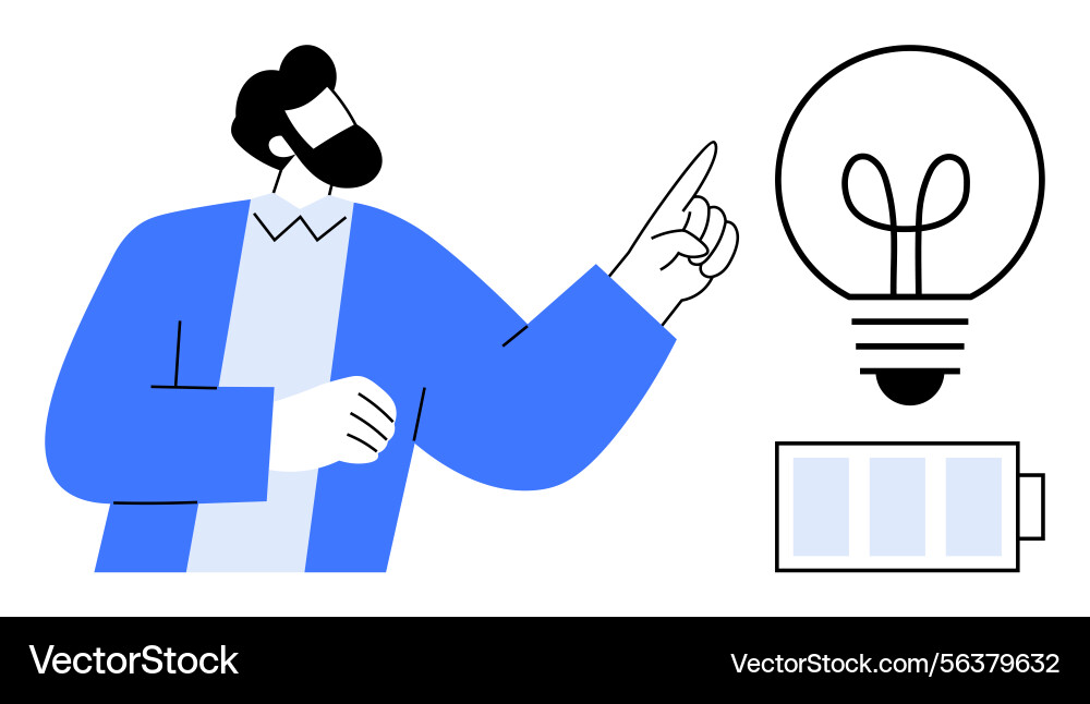 Man gesturing towards lightbulb and battery Man gesturing towards lightbulb and battery vector image