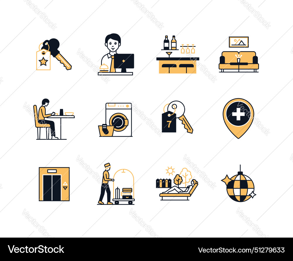 Routine and rest in the hotel - line design style Routine and rest in the hotel - line design style vector image