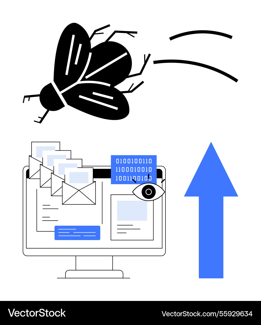 Cyber threat represented by bug over computer Cyber threat represented by bug over computer vector image