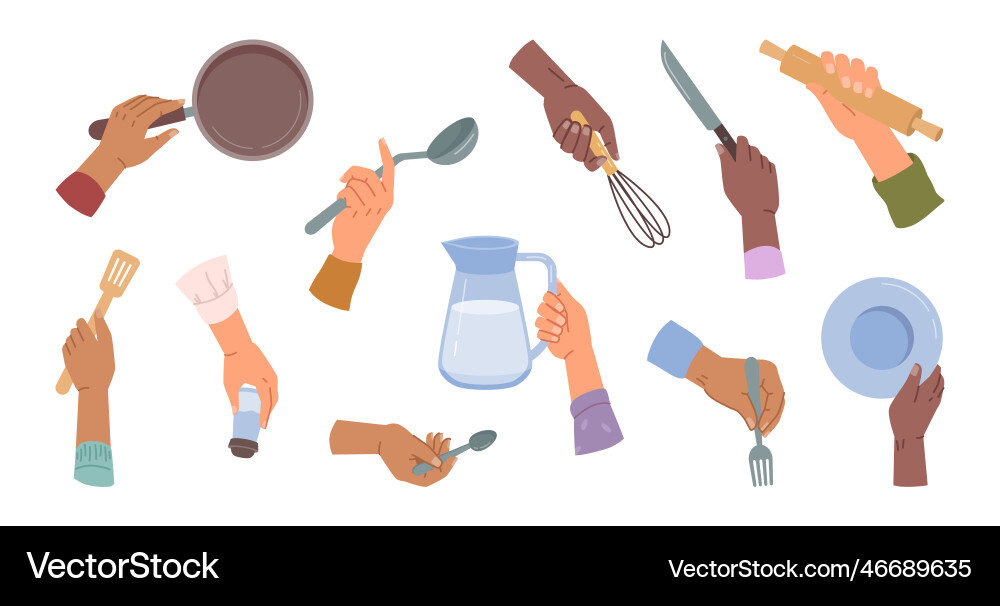 Cooking hands holding kitchenware vector image