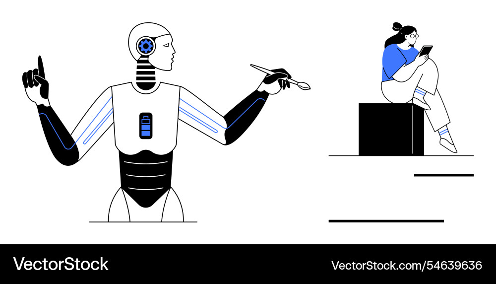 Robot interacting with a stylus while person Robot interacting with a stylus while person vector image