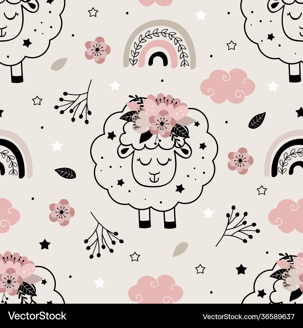 Floral Sheep Seamless Pattern vector image