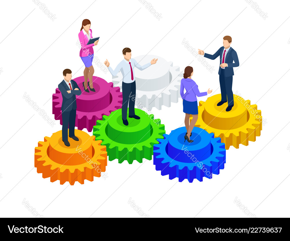 Isometric business people on gears collaboration Isometric business people on gears collaboration vector image