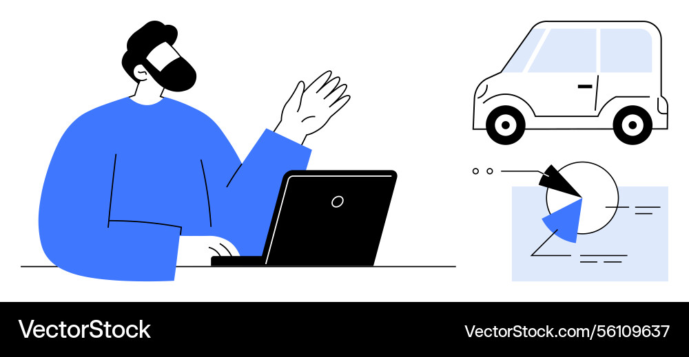 Man gesturing during laptop work session with car Man gesturing during laptop work session with car Vector Image