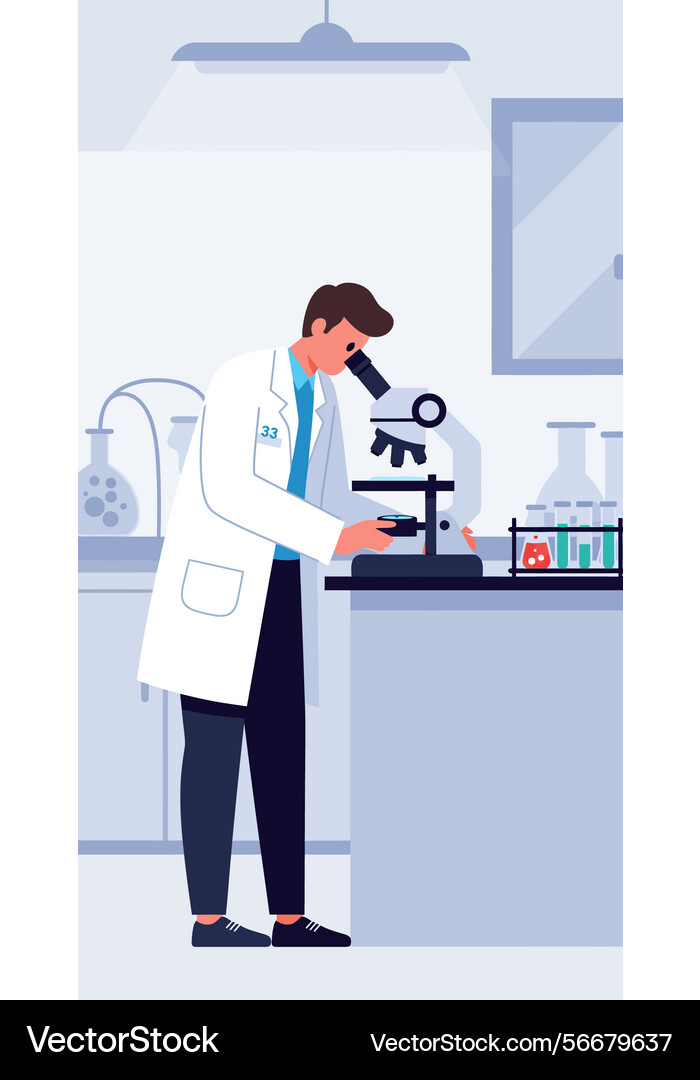 Scientist examining sample under microscope vector image