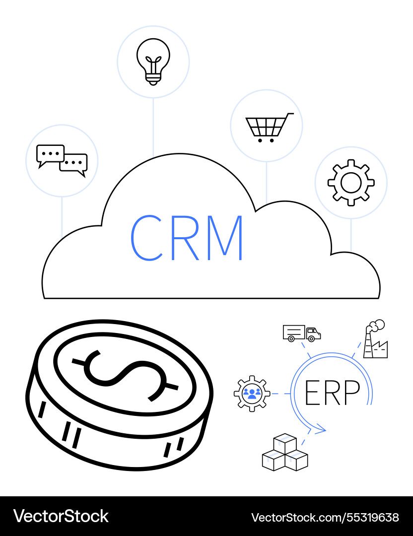 Crm and erp concepts with cloud currency light Crm and erp concepts with cloud currency light vector image