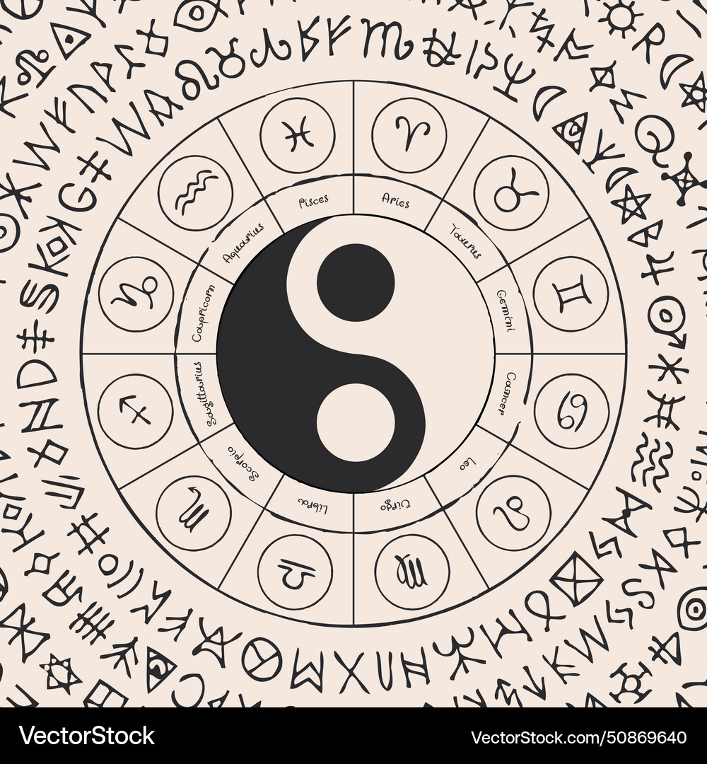 Circle of zodiac signs with hand-drawn yin yang vector image