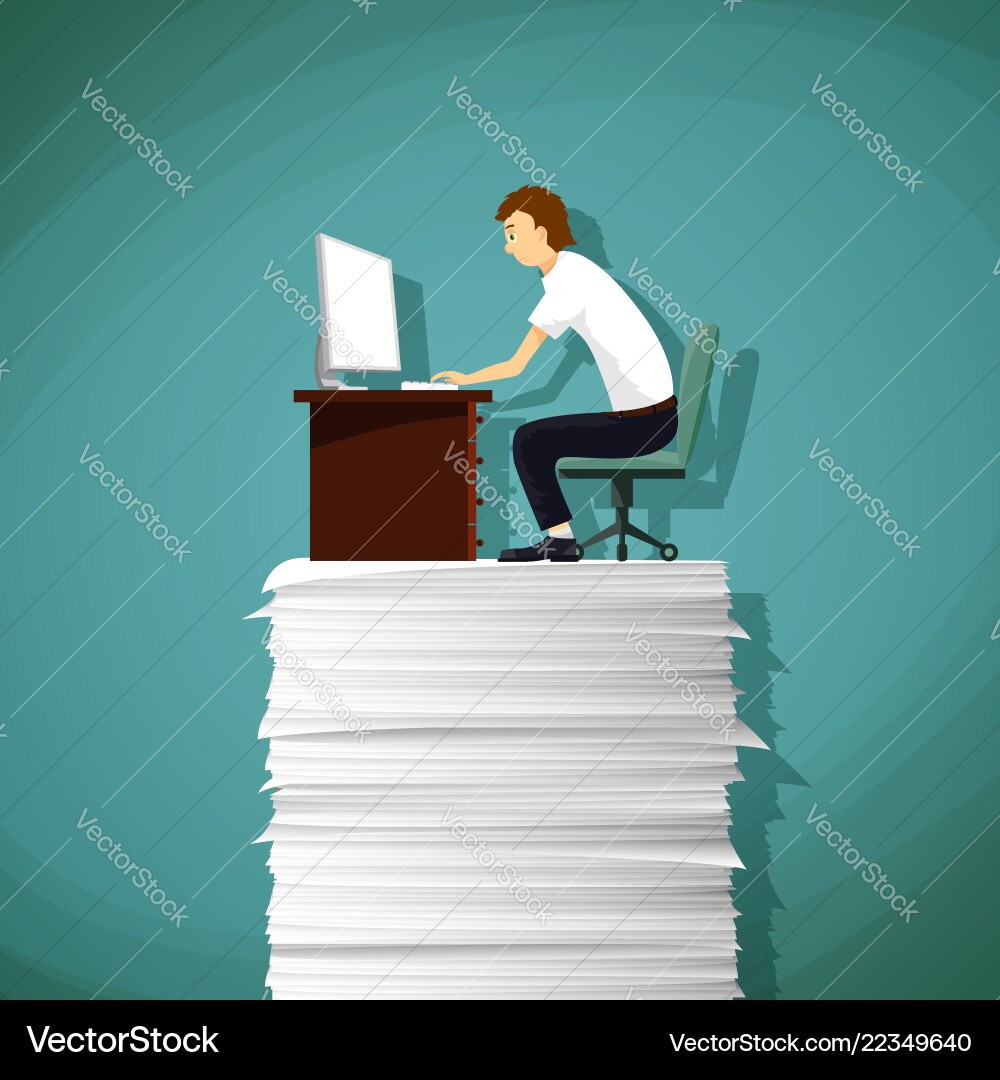 Mann sitzt am Arbeitsplatz auf einem Stapel Papier Mann sitzt am Arbeitsplatz auf einem Stapel Papier vektorbild