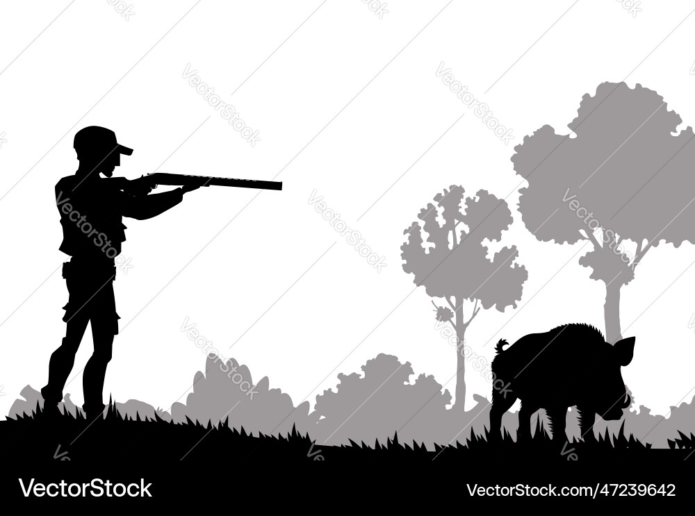Hunting silhouette hunter with shotgun and boar Hunting silhouette hunter with shotgun and boar vector image